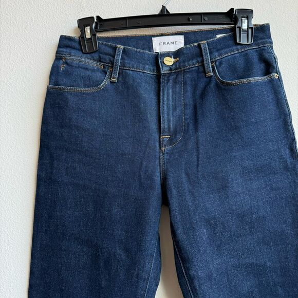 Frame Denim Le High Straight Solid Dark Wash Raw Step Hem Bronx Chew Size 26 - Picture 3 of 9